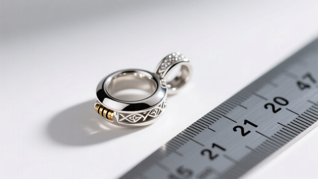 Macro shot of 3.5mm sterling silver pendant bail measured with millimeter gauge ruler for safe restringing and polishing.