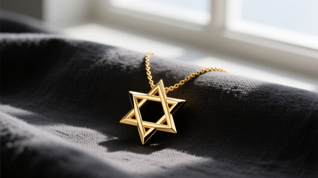 Polished 14k yellow gold Star of David necklace resting on dark charcoal linen, highlighting beveled edges and soft studio light