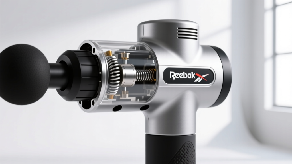 Close-up of the Reebok massage gun motor housing highlighting the 12mm amplitude stroke depth and ergonomic grip design.
