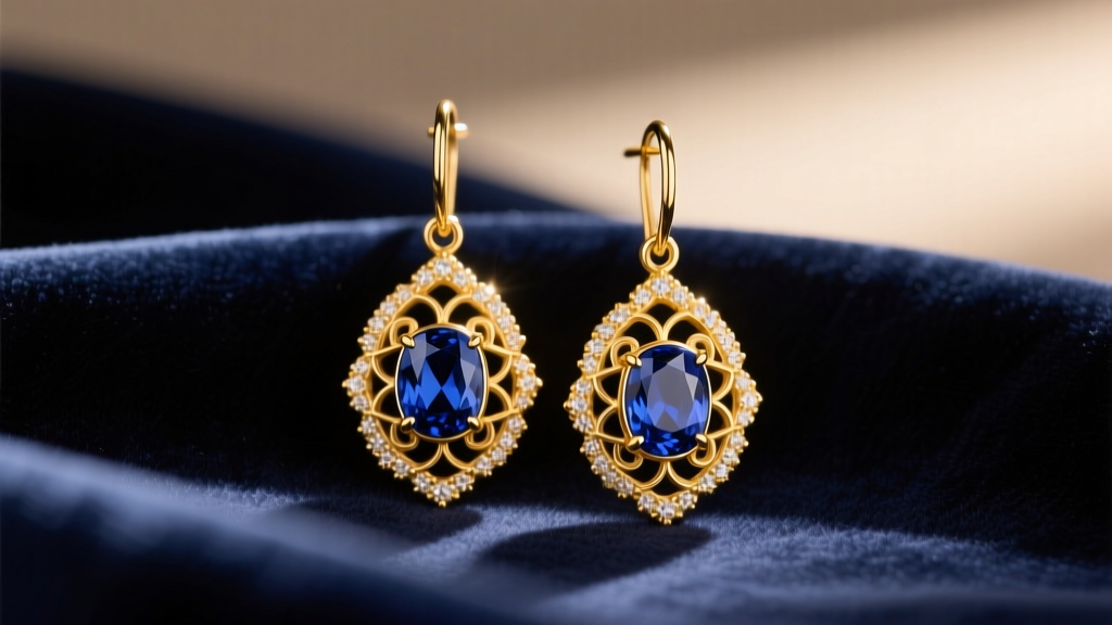 Vintage 18k yellow gold Edgar Berebi drop earrings with cabochon sapphires resting on dark navy velvet under warm gallery lighting.