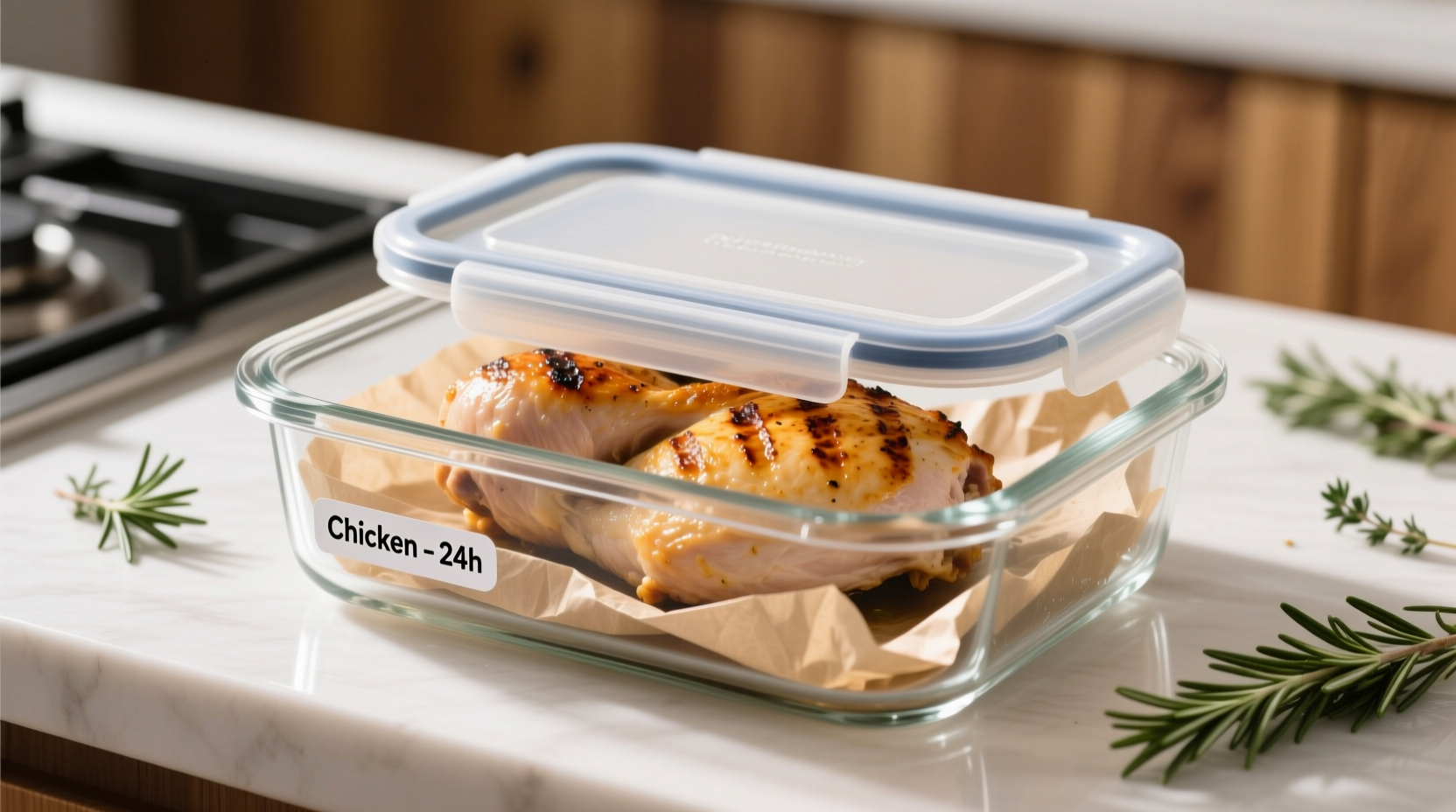 Properly stored cooked chicken in airtight glass container