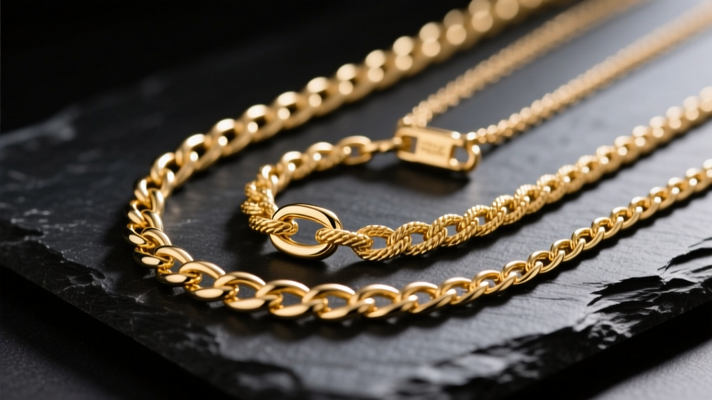 Macro shot of 14k gold Figaro, Rope, and Franco chains on dark slate, lit by soft light to show intricate textures and reflections.