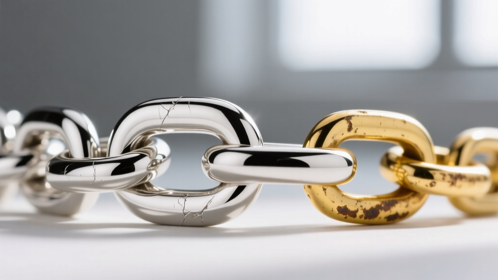 Macro view of a bright rhodium-plated white gold chain link next to a faded, yellowing un-plated white gold link.