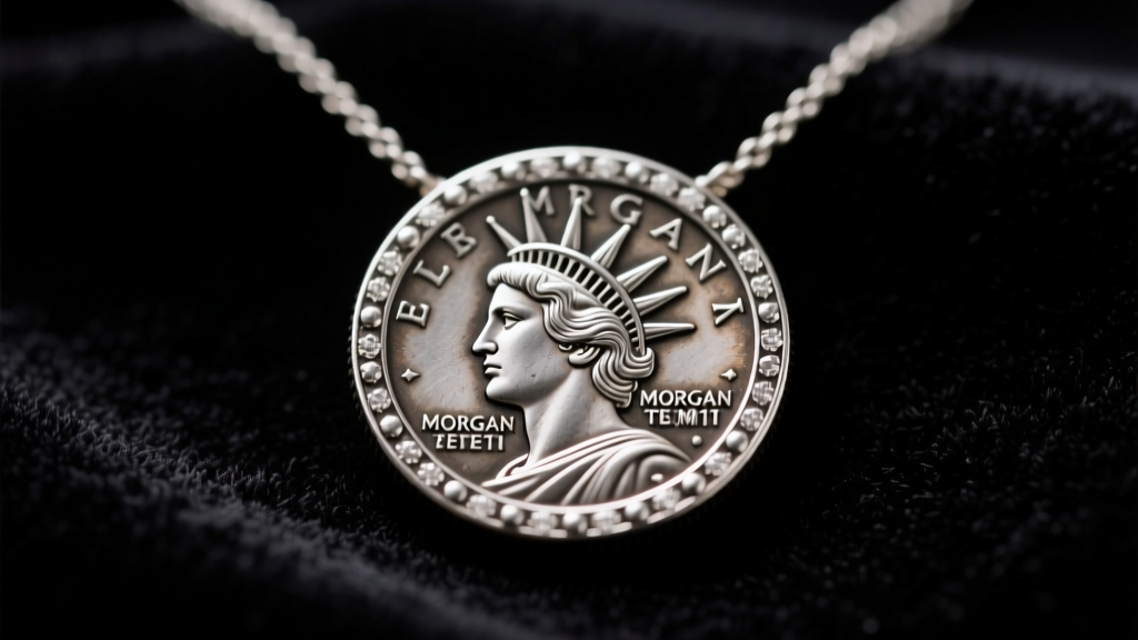 Close-up of a bezel-set Morgan dollar necklace on dark velvet, highlighting Lady Liberty profile and oxidized silver details.