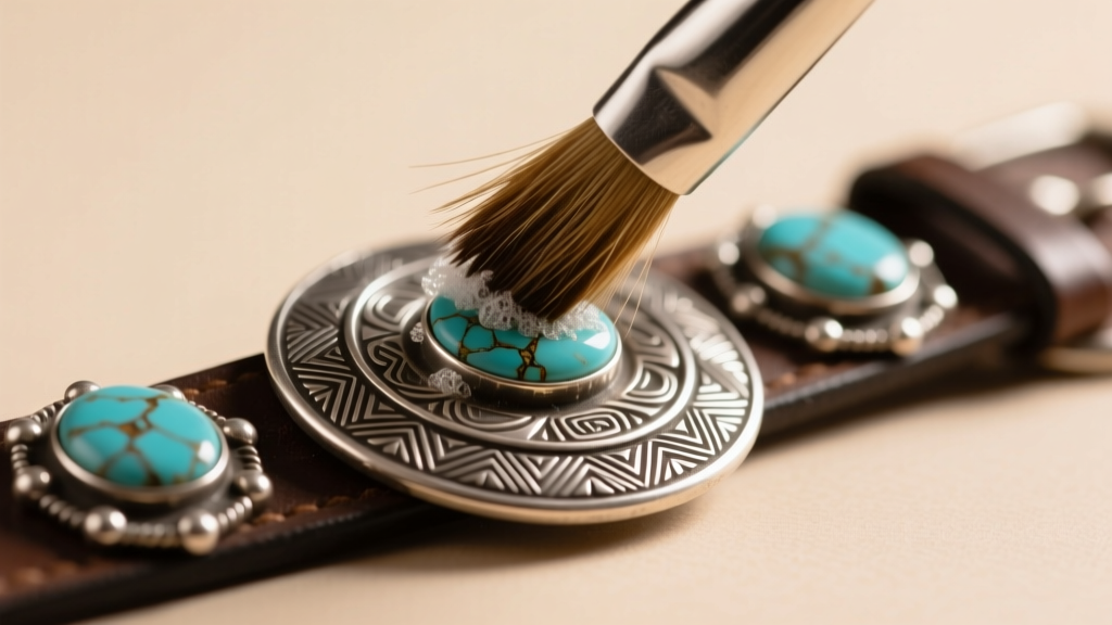 Horsehair brush sweeping mild suds from a deeply stamped Navajo silver concho belt, carefully avoiding the porous turquoise stones.