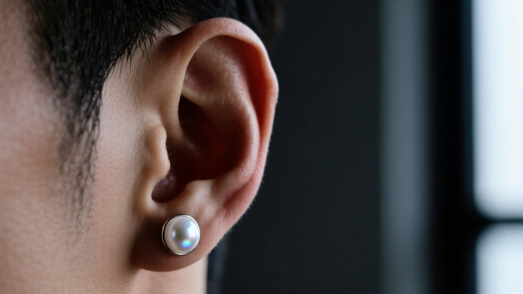 Close-up of a masculine earlobe wearing a high-luster 7mm white Akoya pearl stud earring against a moody, dimly lit background