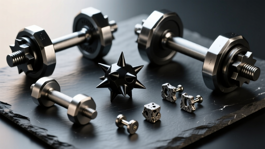 Flat lay on dark slate showing 16g titanium industrial barbells, black steel spikes, and mismatched 18g grunge lobe studs.