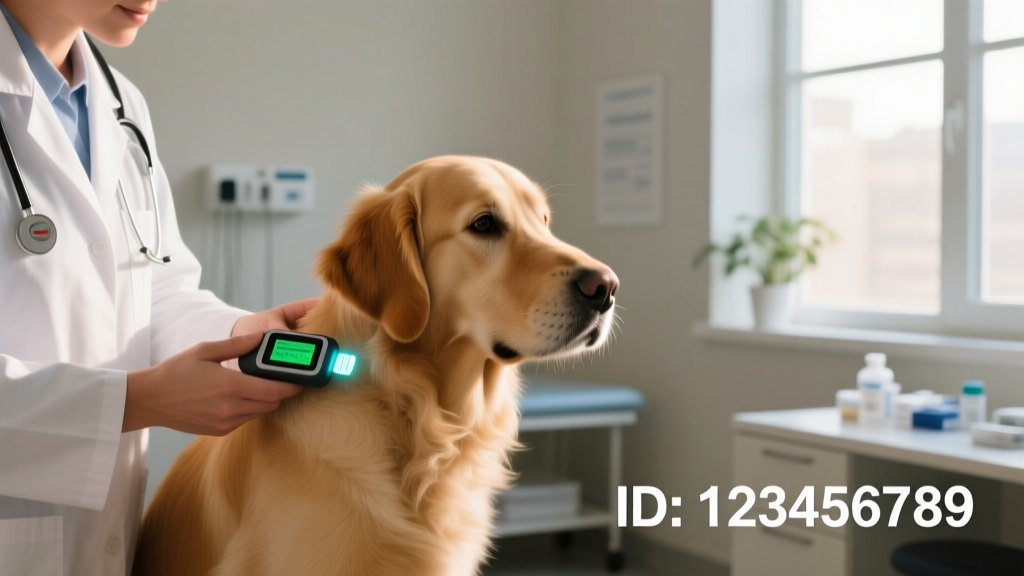 A veterinarian holding a handheld microchip scanner near a relaxed dog’s shoulder area