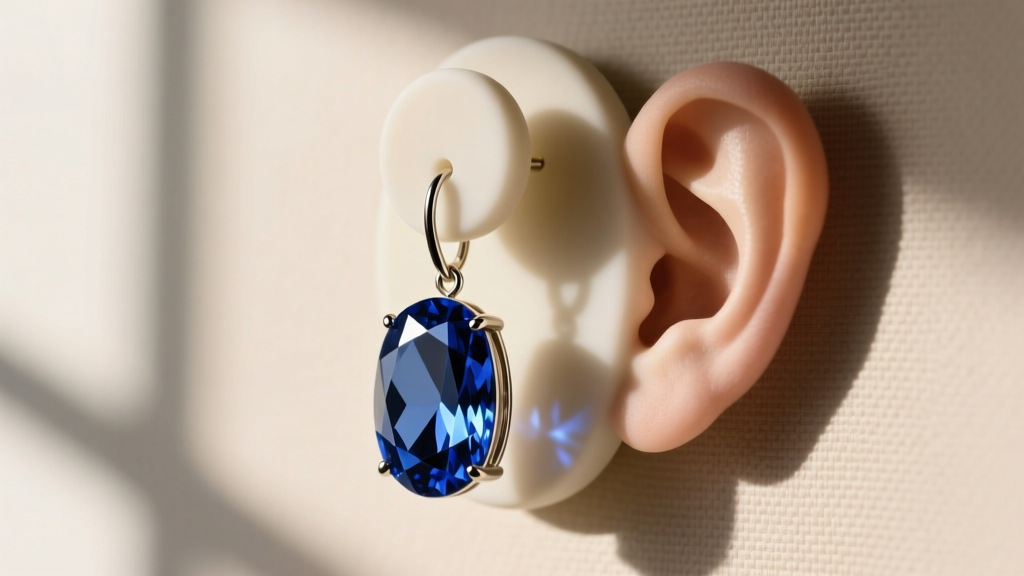 Side profile of a heavy gemstone drop earring secured by a wide, flat silicone earring backing replacement preventing lobe sagging.