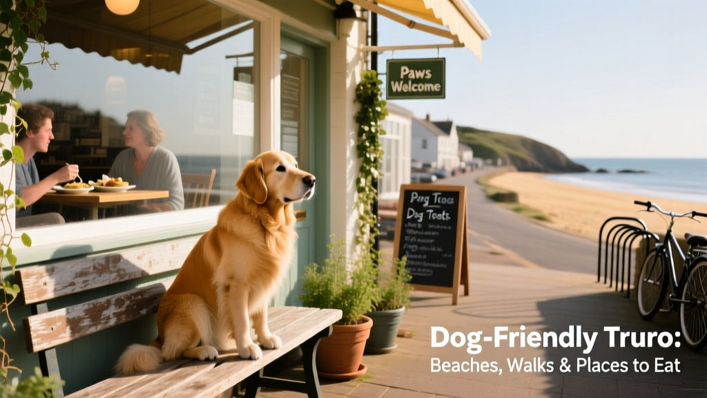 A dog sits outside a dog-friendly restaurant in Truro, enjoying the sunshine while their human dines