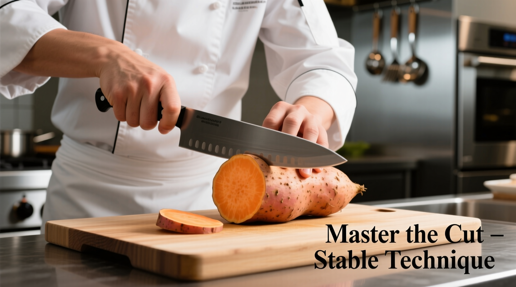 Chef demonstrating stable sweet potato cutting technique