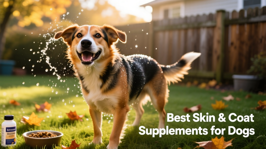 Happy mixed-breed dog shaking off water, revealing a gleaming, healthy coat
