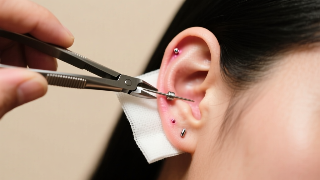 Overhead view of a piercer using hemostats and gauze to safely grip and remove a stubborn push in earring from a healed earlobe.
