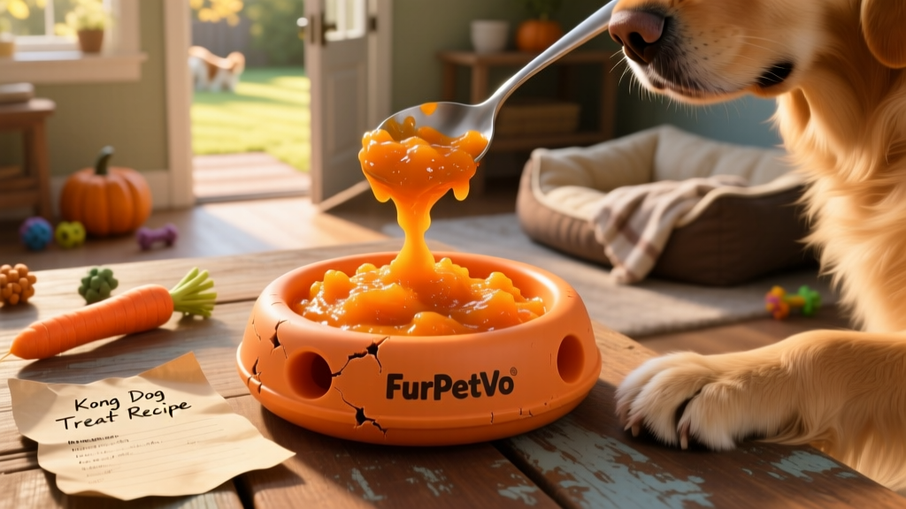 A vibrant orange-colored mixture of carrots, applesauce, and pumpkin being spooned into a FurPetVo Classic toy