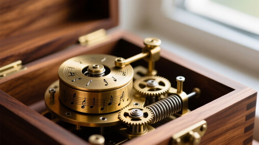 Macro view of brass music box movement in a wooden case, showing the pinned cylinder, governor gear, and coiled steel mainspring