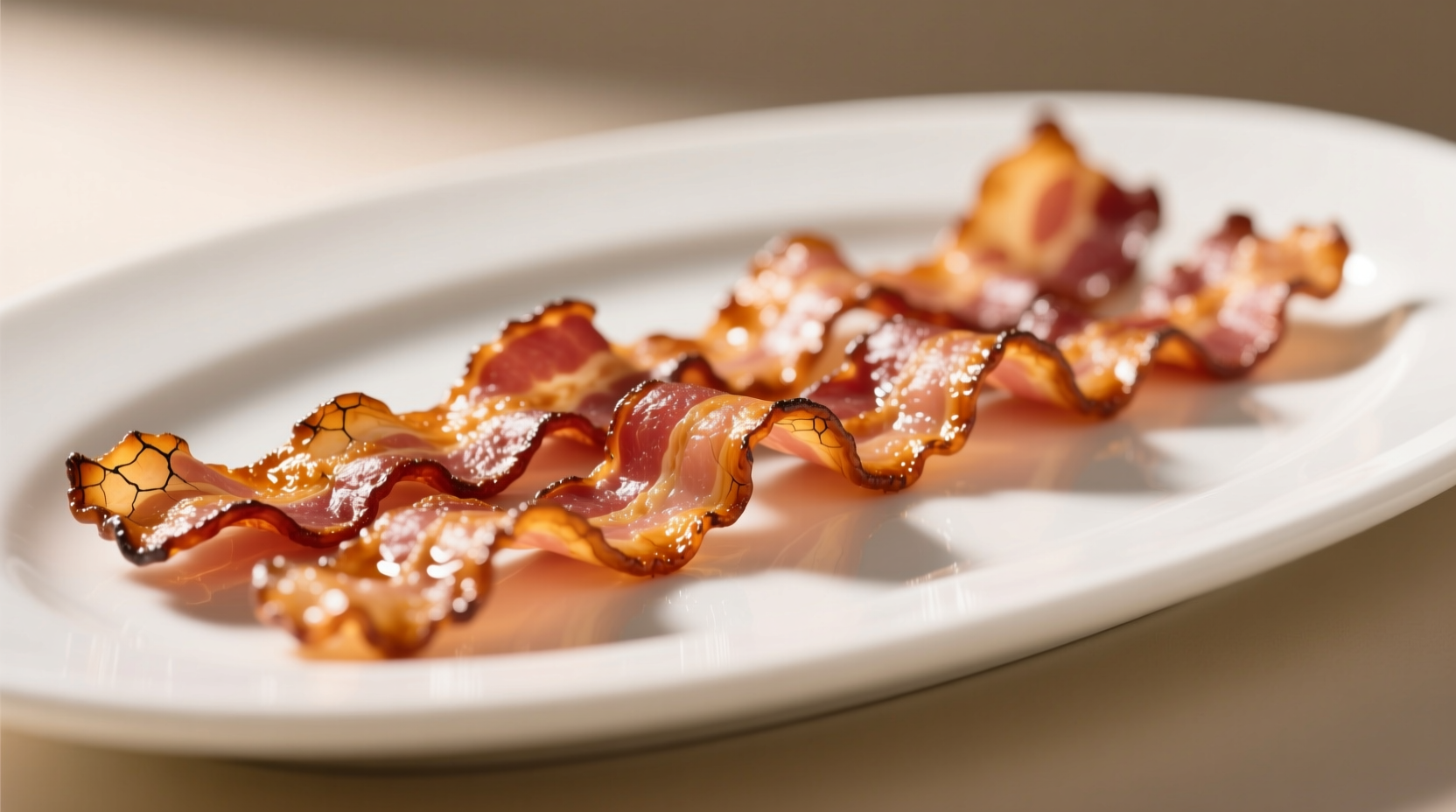 Perfectly crispy bacon strips on white plate