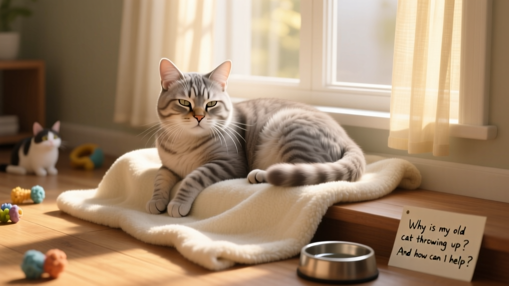 Senior cat resting peacefully on a soft blanket, looking calm but slightly subdued