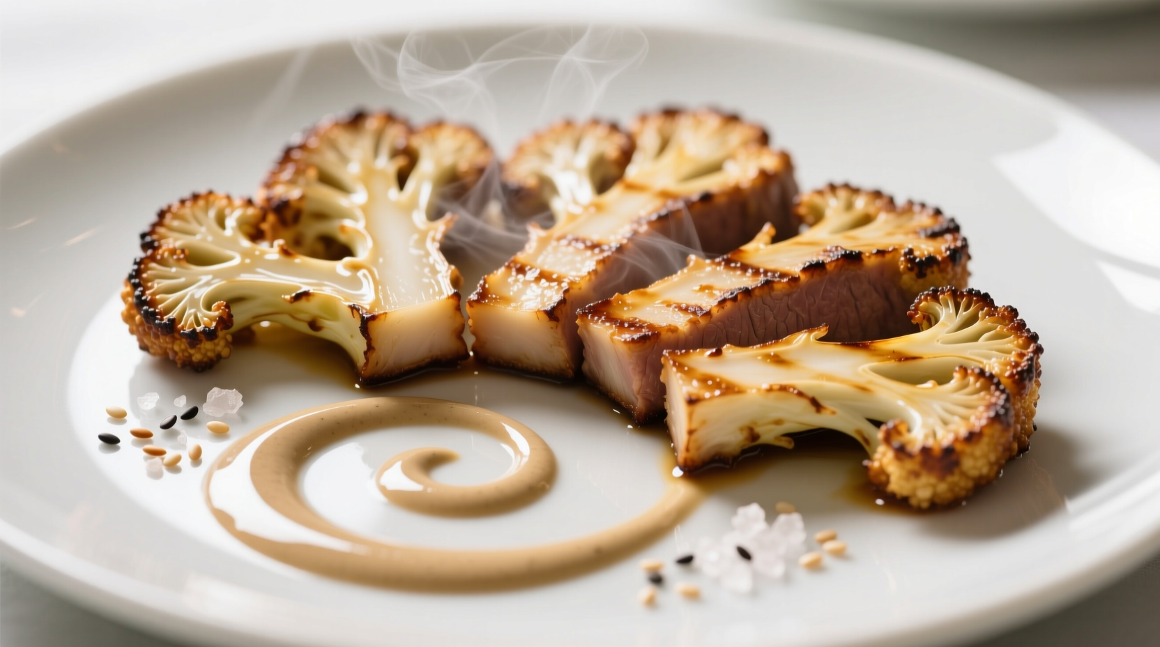 Golden brown cauliflower steaks with tahini drizzle on white plate