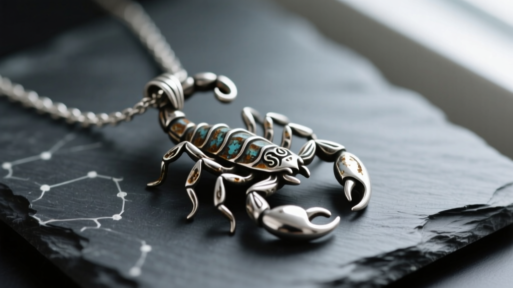 Macro photography of a heavily tarnished 925 sterling silver Scorpio zodiac symbol necklace resting on a dark slate surface.