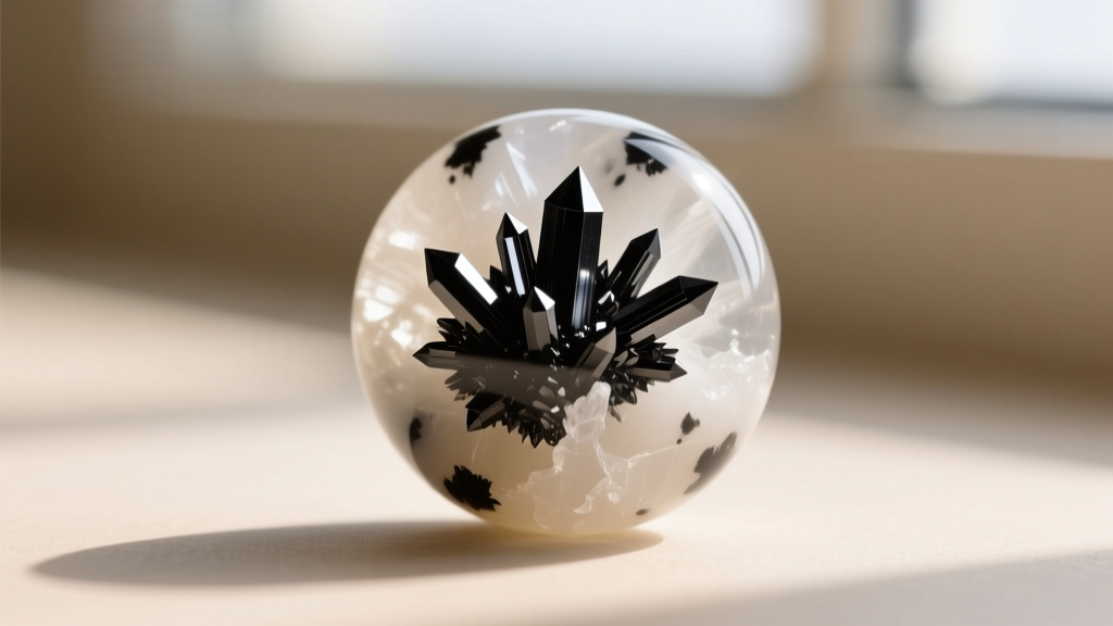 Macro shot of dalmatian jasper bead showing sharp black arfvedsonite crystal inclusions embedded in a pale quartz matrix
