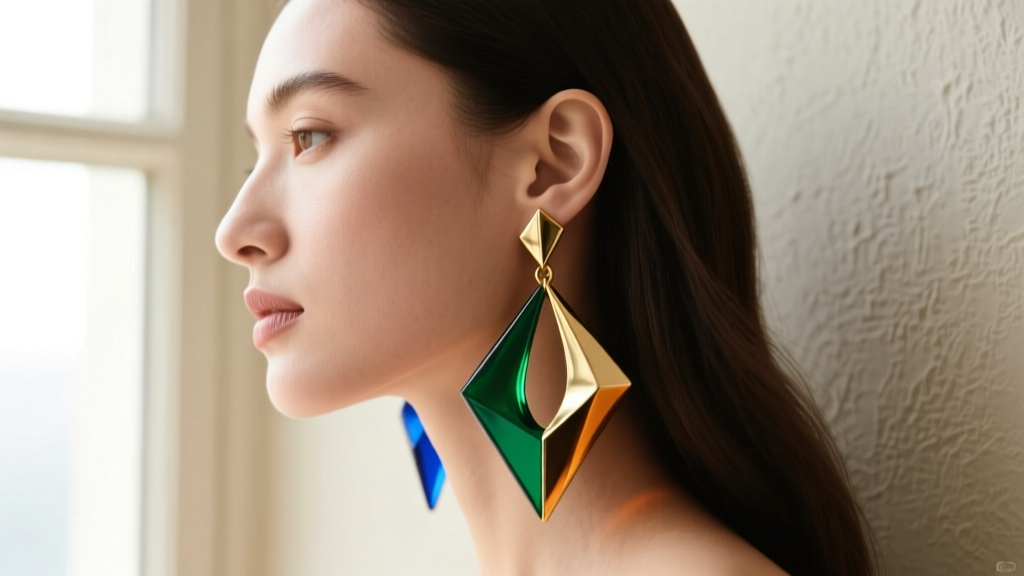 Side profile of a model wearing an asymmetrical ear curation of homemade resin and gold-filled geometric dangle earrings.