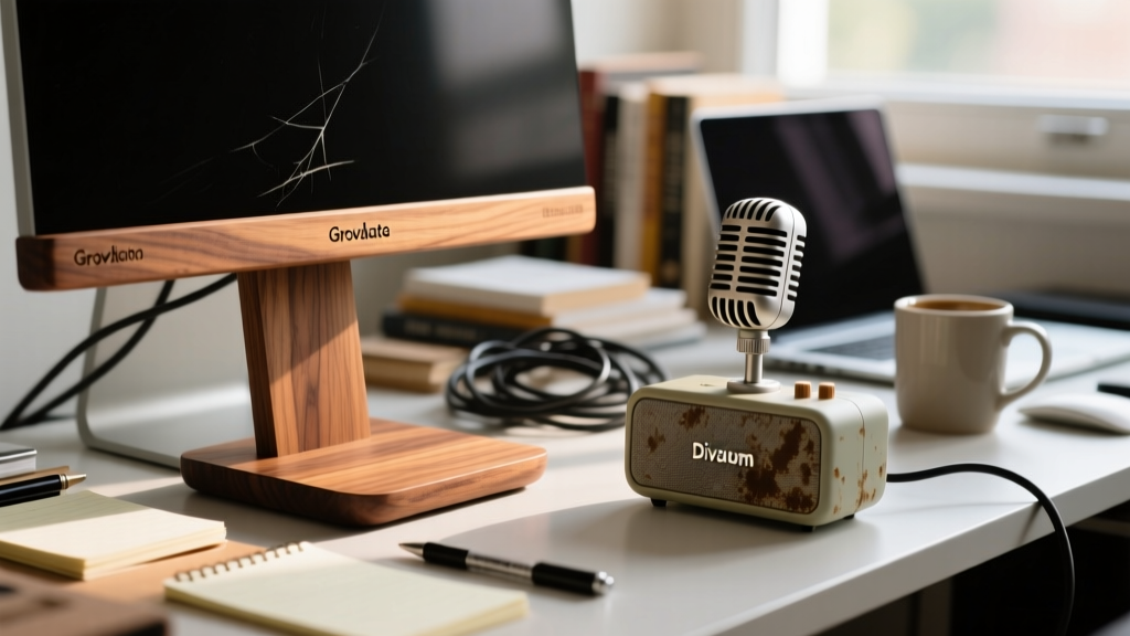Close-up of a scratched Grovemade walnut monitor stand next to a coffee-stained Divoom Ditoo-Mic on a cluttered home office desk