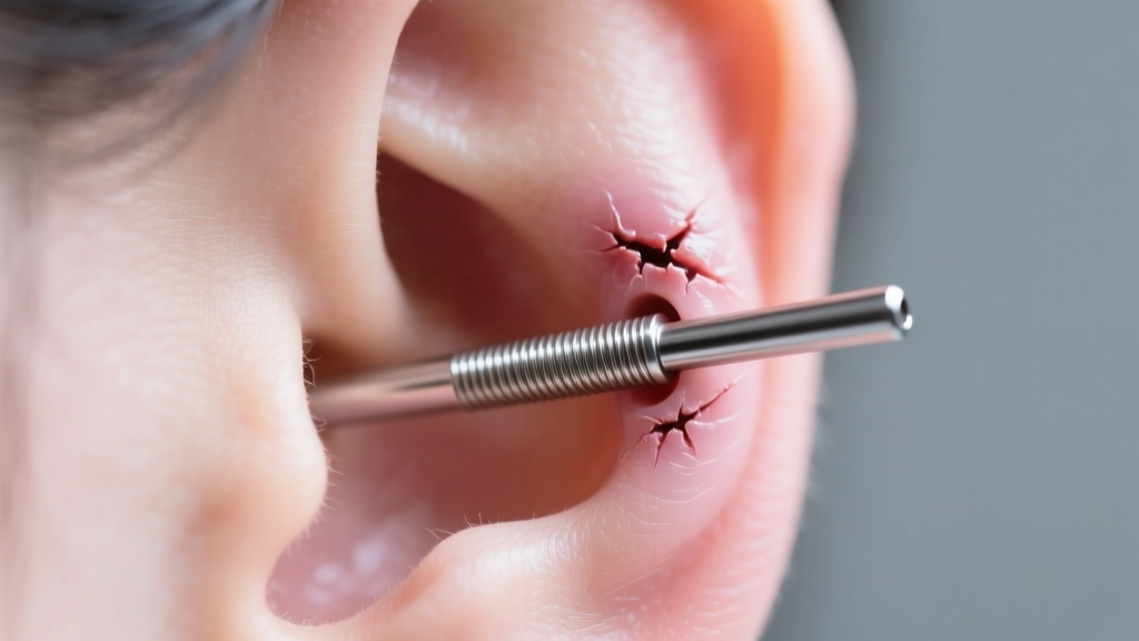Macro view of internally threaded titanium post in a healed earlobe fistula, highlighting smooth edges and zero tissue damage.