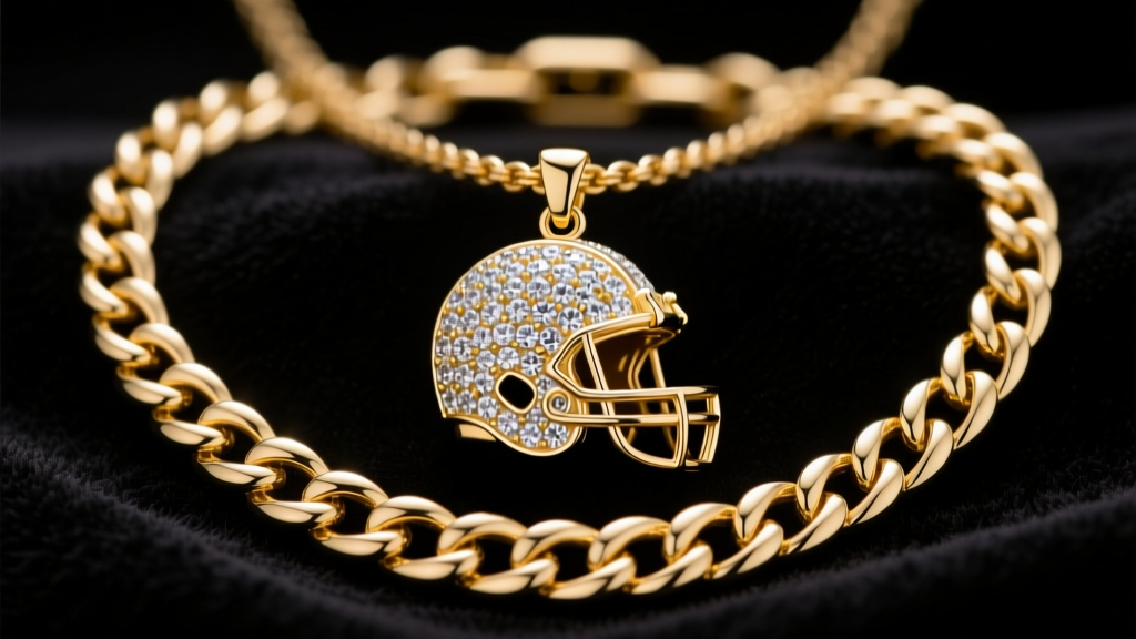 Close-up of a 14k yellow gold Cuban link chain with a quarterback-themed pendant paved with lab-grown diamonds on dark velvet