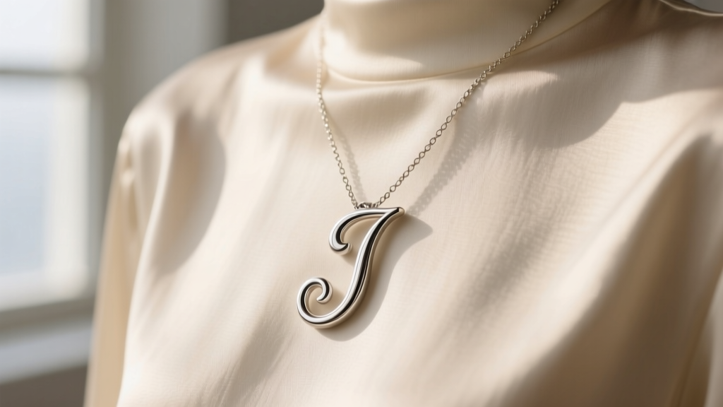 Stainless steel cursive J pendant on a 1.2mm box chain, resting against a cream silk blouse in soft natural light.