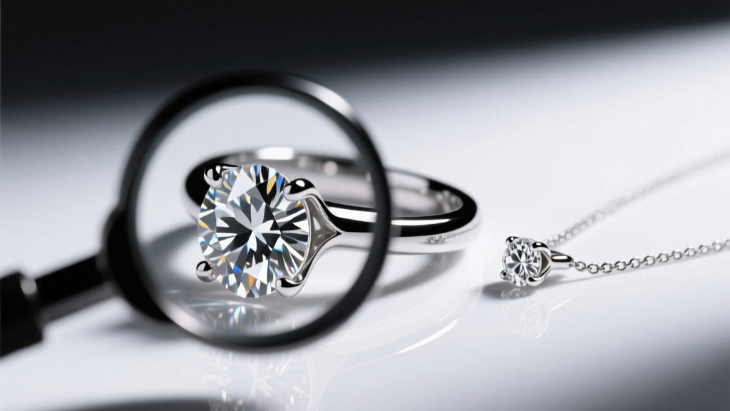Loupe examining prongs of a platinum diamond ring next to a delicate platinum pendant chain under bright, focused studio lighting.