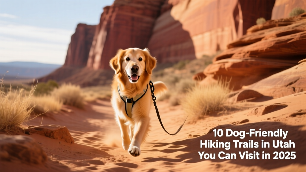 A golden retriever trotting along a sun-dappled desert trail with red sandstone cliffs in the background
