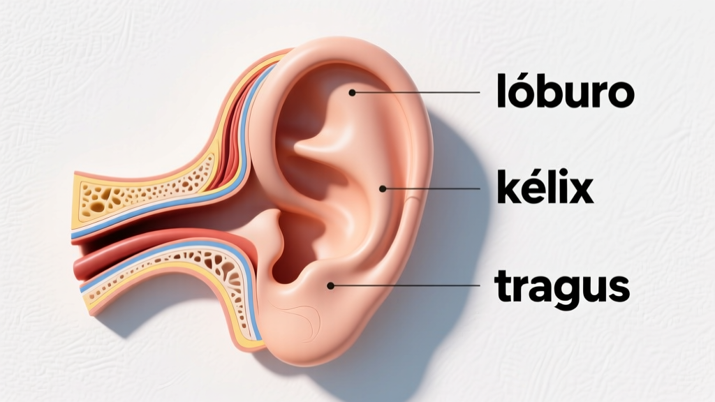 Anatomical diagram of the human ear with Spanish labels pointing to the lobe, helix, and tragus piercing locations in clear text.