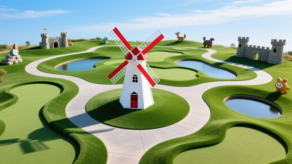 Aerial view of an 18-hole commercial miniature golf course with synthetic green turf, concrete paths, and a fiberglass windmill