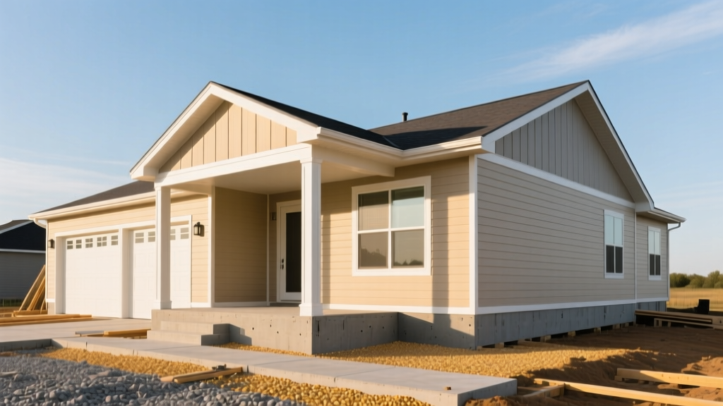 Modern double-wide manufactured home with vinyl siding and a covered front porch being assembled on a prepared gravel and concrete pad