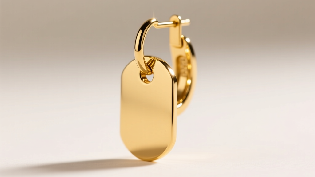 Close-up of a 14k yellow gold tag earring showing a soldered jump ring and high-polish finish reflecting soft studio light