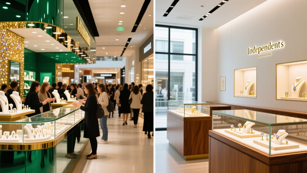 Split view of a crowded mall jewelry kiosk and a clean, professional independent jeweler's workbench with specialized tools.