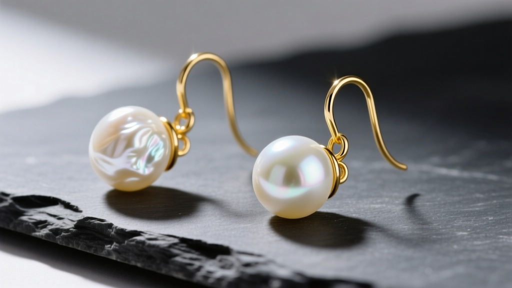 Macro shot of mismatched white freshwater baroque pearls earrings set in 14k yellow gold French wire hooks, resting on dark slate.