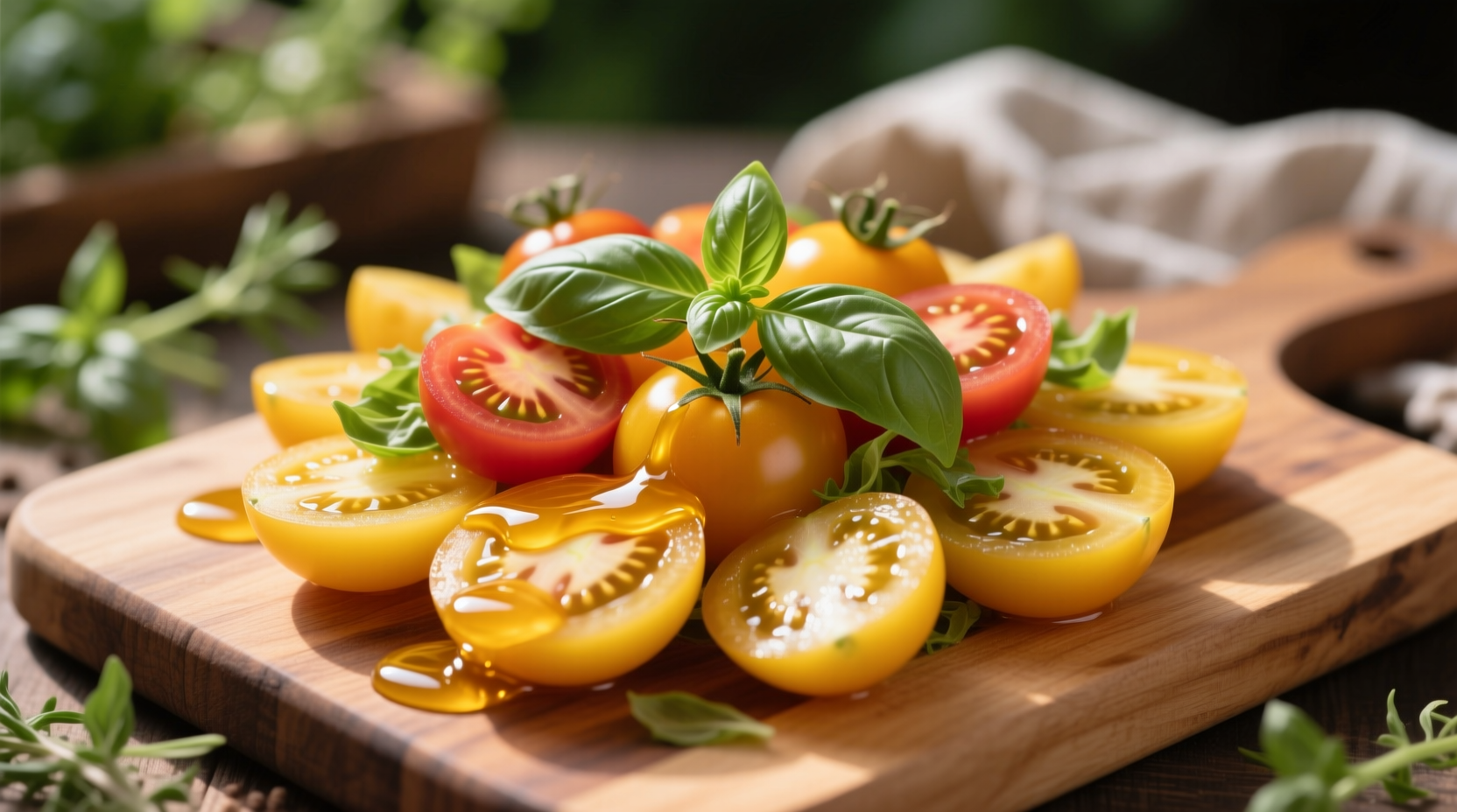 Yellow tomato salad with fresh basil and honey dressing