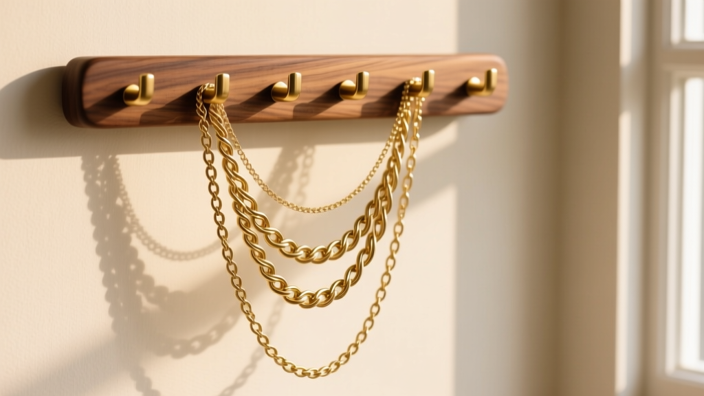 Walnut necklace stand organizer with brass hooks displaying layered gold cable and herringbone chains against a soft cream wall