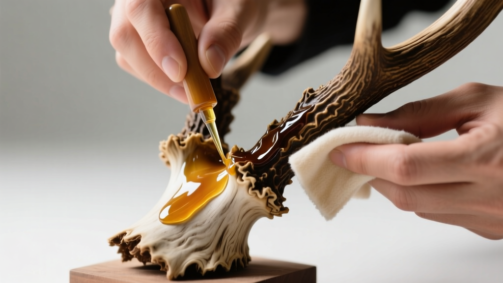 Hands applying clear carnauba wax to a deer antler base with a cloth, highlighting the natural ridges and burr texture details