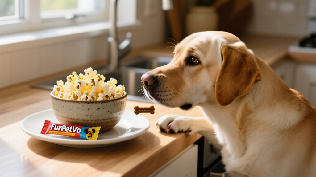 A small bowl of plain, air-popped popcorn next to a FurPetVo dog treat on a clean kitchen counter