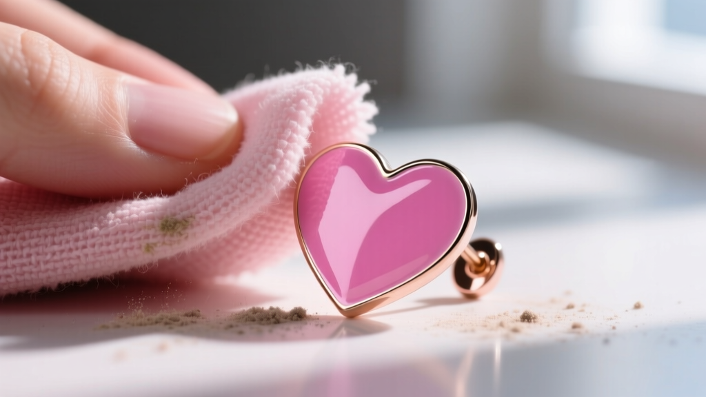 Microfiber cloth wiping a pink enamel Monster High heart earring to reveal the contrast between clean and dusty surface sections.