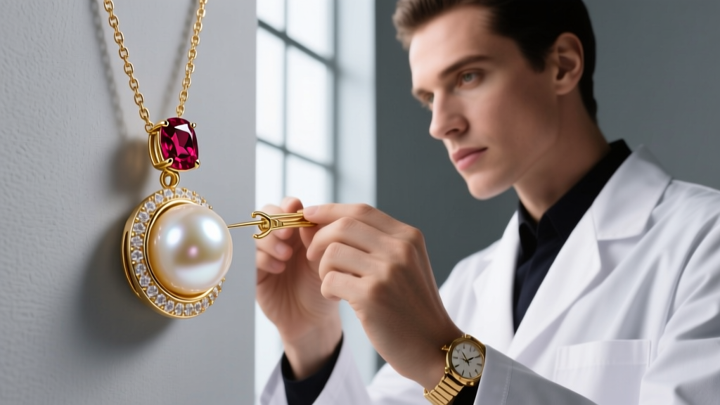 Jeweler inspecting the prong setting of a ruby and pearl pendant, highlighting a protective gold bezel securing the delicate pearl