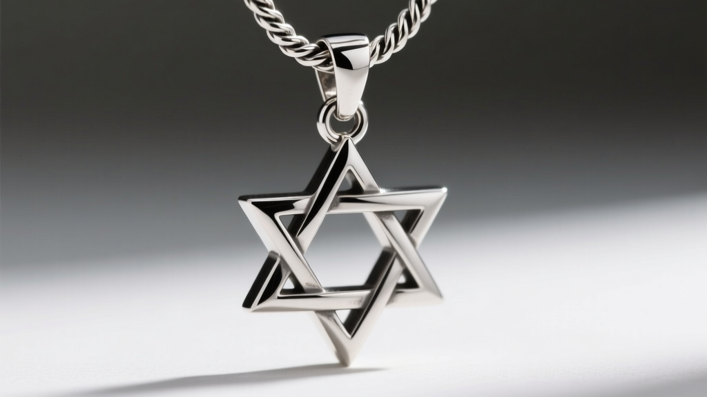 Macro shot of heavy sterling silver Star of David pendant showing a thick rope chain passing through a reinforced oversized bail.