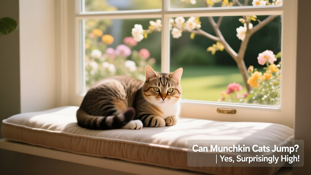 Happy Munchkin cat curled up on a cozy, low-profile window perch with soft padding and a view outside