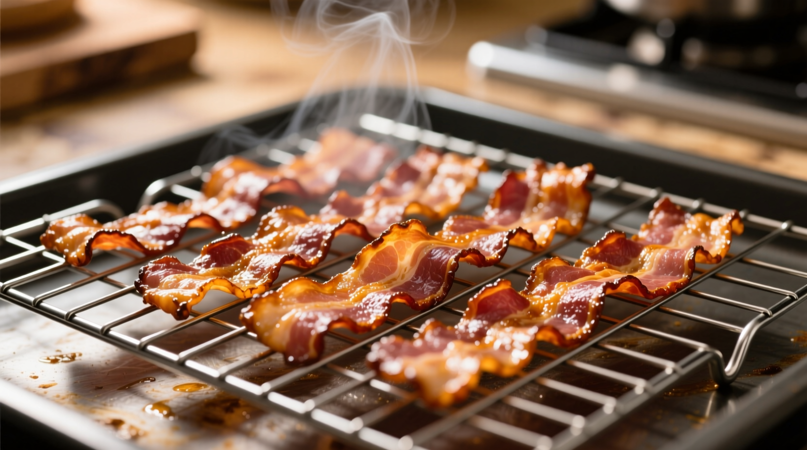 Crispy bacon strips cooling on wire rack after oven baking
