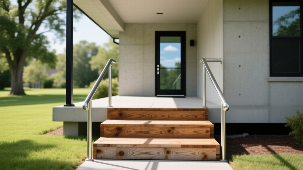 Weathered pressure-treated wooden handicap ramp with galvanized steel handrails leading up to a covered concrete porch of a suburban home