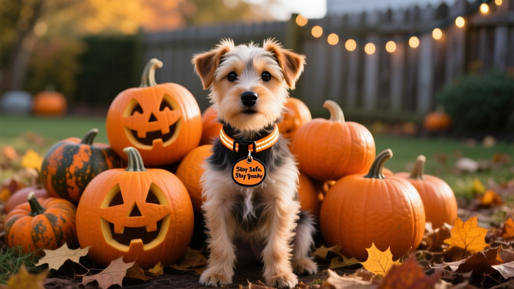 a small terrier puppy sitting in front of a pile of pumpkins