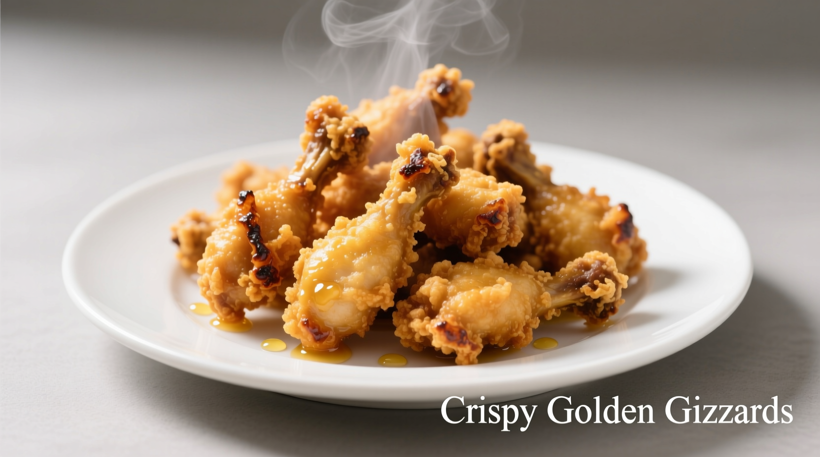 Golden fried chicken gizzards on white plate