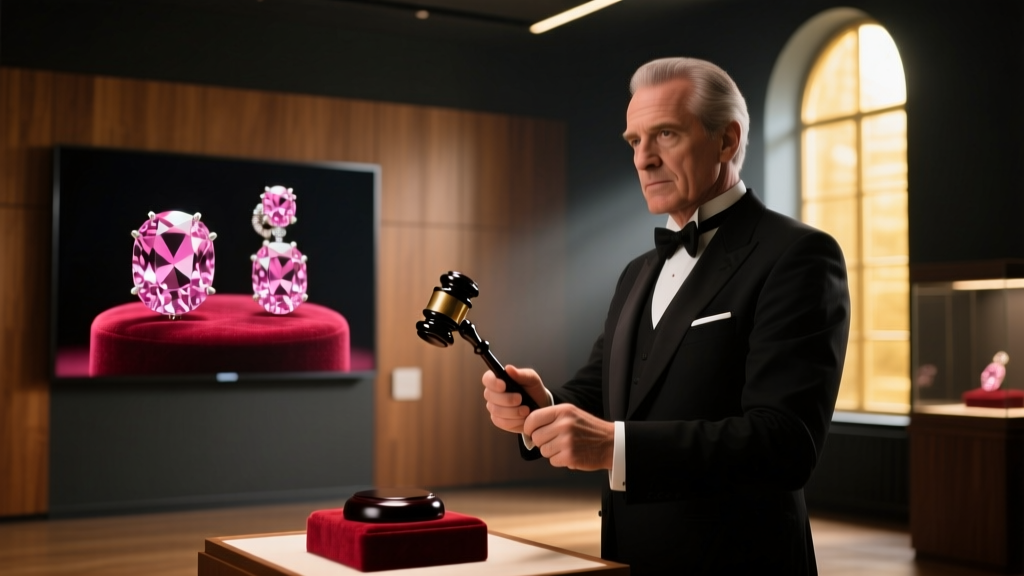 Auctioneer holding a gavel in a dim room, with a blurred screen displaying rare pink diamond earrings resting on a velvet stand.